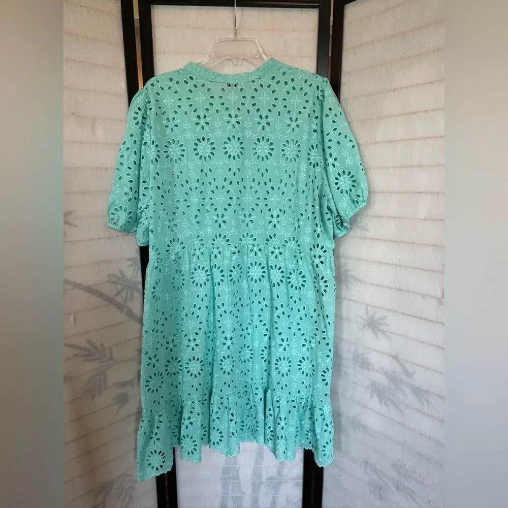 J.Crew Puff Sleeve Eyelet Aqua Blue Tired Dress 22